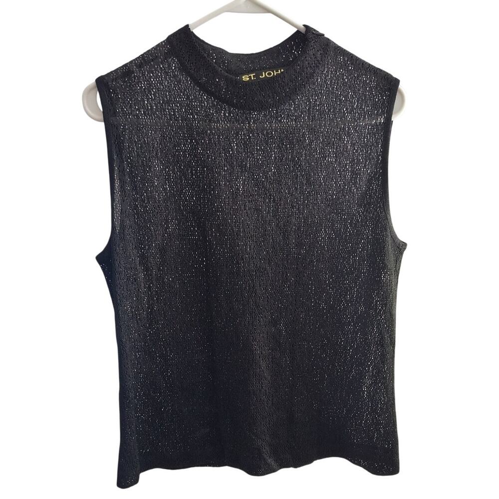 St. John Basics Knit Sleeveless Top Women's Sz L Black Open-Weave Classic Staple - Picture 4 of 16
